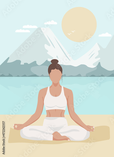 Faceless style girl .The girl is engaged in yoga in nature. Conceptual illustration for yoga class promotion banner or poster or social network promotion. Trendy pastel colored vector illustration.