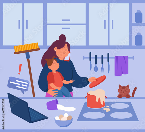 Busy mother stressing over work and household tasks. Mom holding baby, talking on phone and cooking, chaos at home flat vector illustration. Family, stress, time management concept for banner