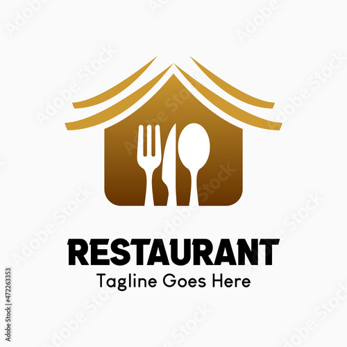 Inspiring restaurant vector logo. Abstract creative logotype. fork, knife and spoon icon in the house icon. Classic, vintage and modern logo illustration. Business company logo template.