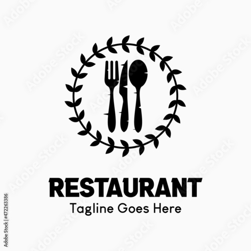 Inspiring restaurant vector logo. Abstract creative logotype. wheat or rice icon and cutlery in black and white circle. Classic, vintage and modern logo illustration. Business company logo template.