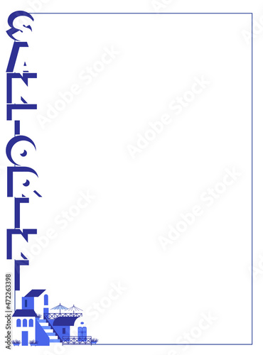 Template with Santorini city name, frame and city sights in blue-white color. Vector illustration in flat style for touristic industry