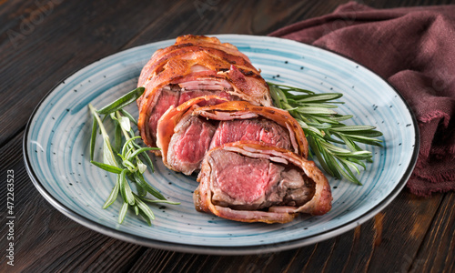 Photography Bacon-wrapped beef steack