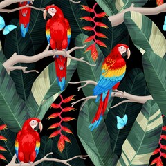 Handdoek met foto Papegaai patronen Ara papegaaien tussen jungle bomen  © olga_igorevna