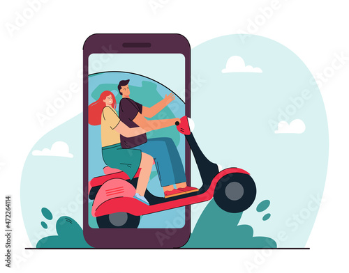 Smartphone screen with couple riding moped on planet background. Male and female characters on vacation flat vector illustration. Travelling concept for banner, website design or landing web page