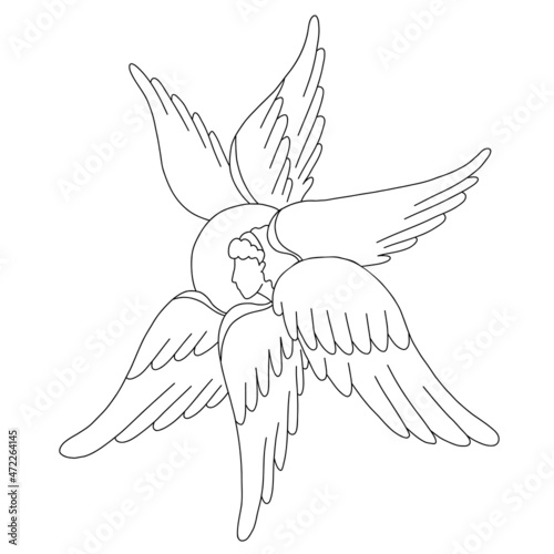 Religious symbol six winged Angel cherub. Vector illustration. Line drawing outline. heavenly character For design and decoration of religious concepts