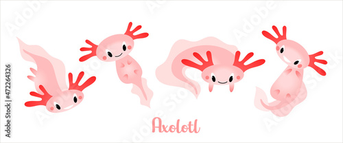 A set of cute cartoon axolotls, aquatic animals, amphibians. Cute characters with different emotions, vector illustration in a flat style.