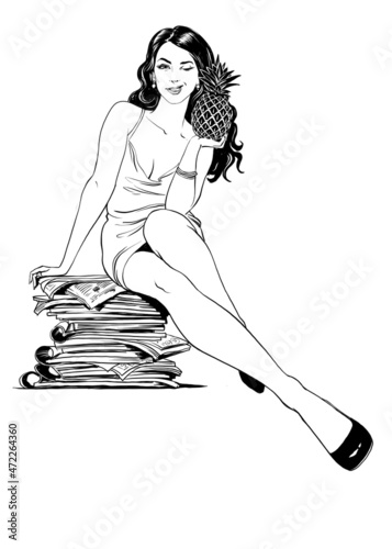 Sitting girl with pineapple 