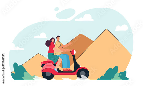 Couple riding moped on Egyptian pyramids background. Man and woman having holiday and travelling abroad flat vector illustration. Vacation concept for banner, website design or landing web page