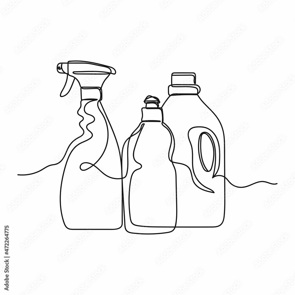 Obraz premium Vector abstract continuous one single simple line drawing icon of different cleaning products in silhouette sketch.
