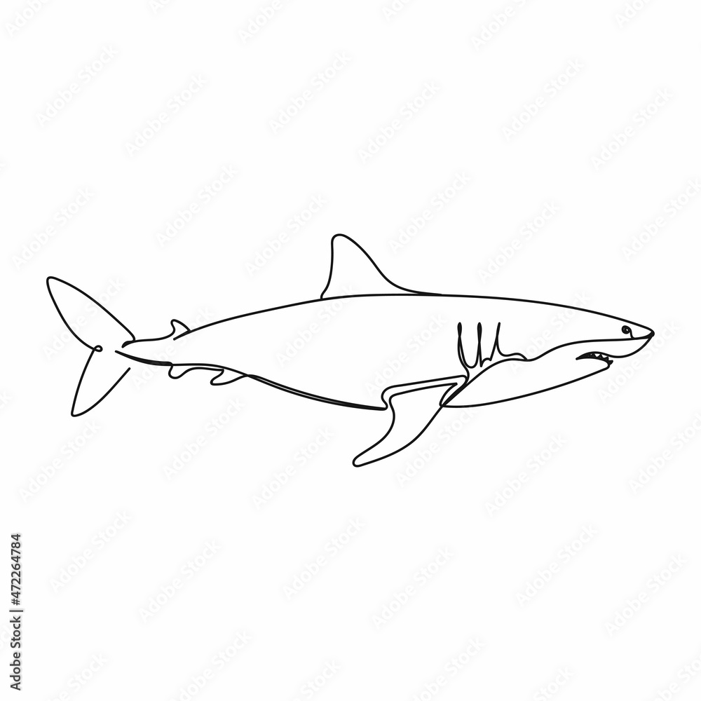 Obraz premium Vector abstract continuous one single simple line drawing icon of shark in silhouette sketch.