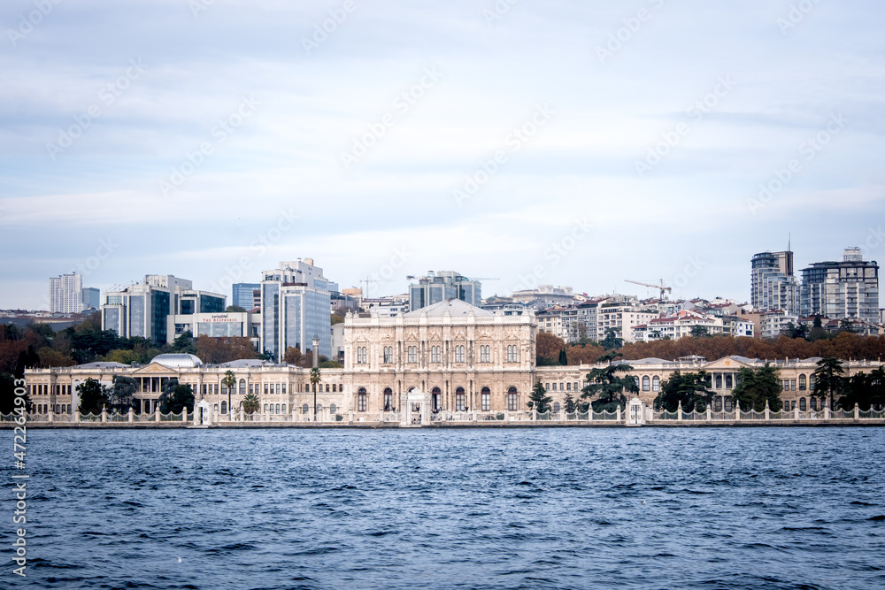 Dolmabahçe Palace from the Bosphorus. Ottoman architectural structures.