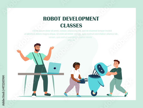 Development Classes Landing Page Template.Education,School Robotics Project.Children and Teacher Characters Create Ai Cyborg Using Different Tools,Presenting Humanoid Robot.Cartoon Vector Illustration
