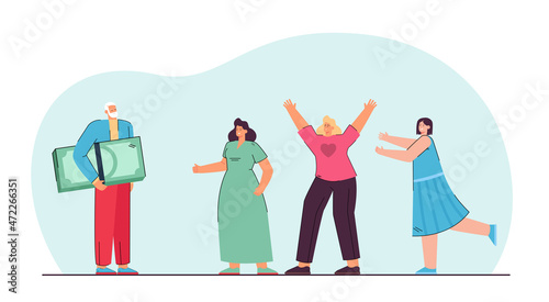 Man of old age holding money, happy women standing nearby. Girls wanting to be with rich partner flat vector illustration. Money and relationship concept for banner, website design, landing web page