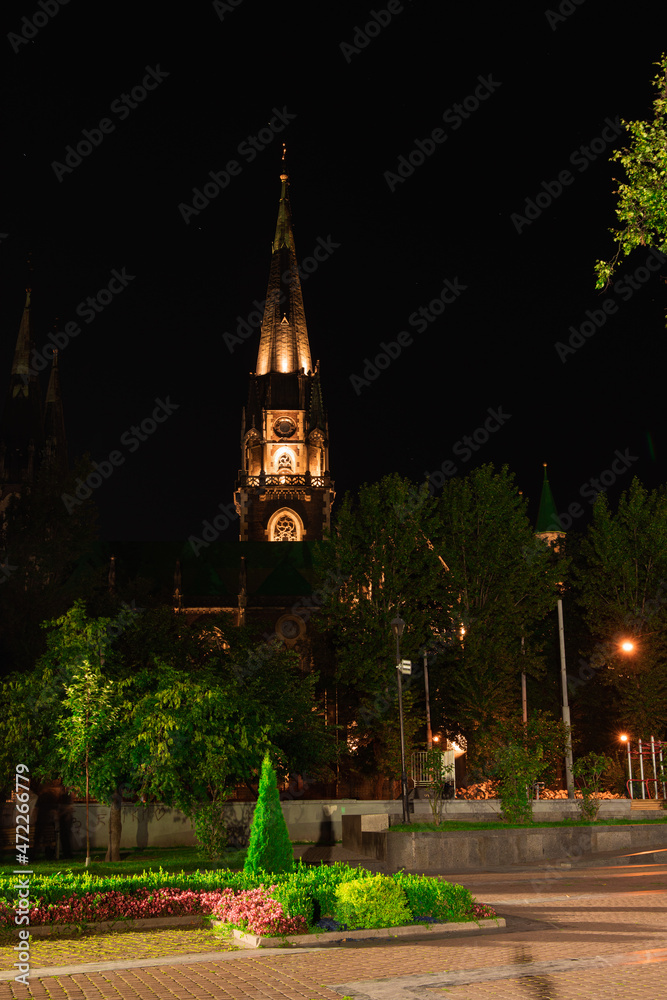 vertical picture of night landmark square with park plants and cathedral tower religion building, tourist destination