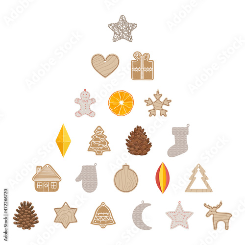 Set of zero waste, nature Christmas toys in tree shape. Wood, paper, textile eco toys, gingerbread, pine cone, dry orange. Plastic free winter holidays. Hand drawn vector illustration