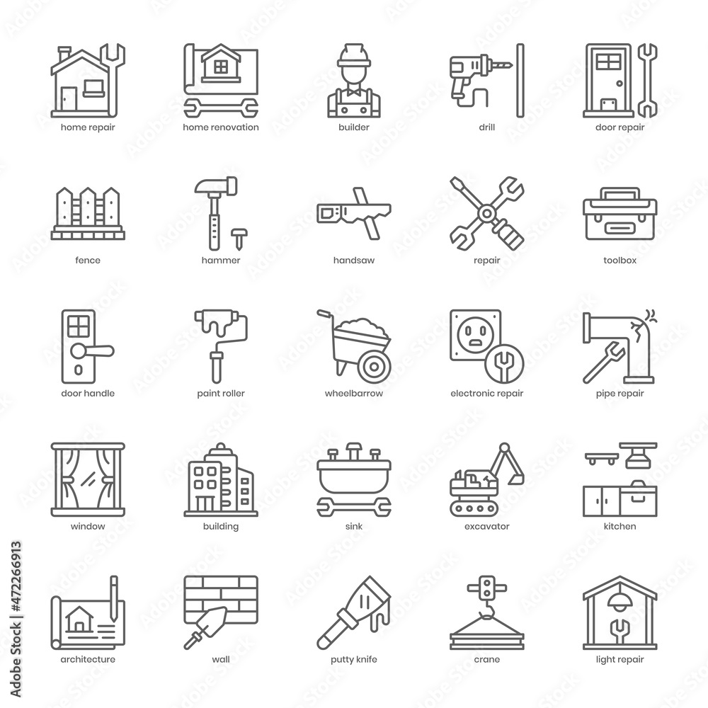 Renovation icon pack for your website design, logo, app, UI. Renovation icon outline design. Vector graphics illustration and editable stroke. Renovation icon pack for your website design, logo, app, UI. Renovation icon outline design. Vector graphics illustration and editable stroke.