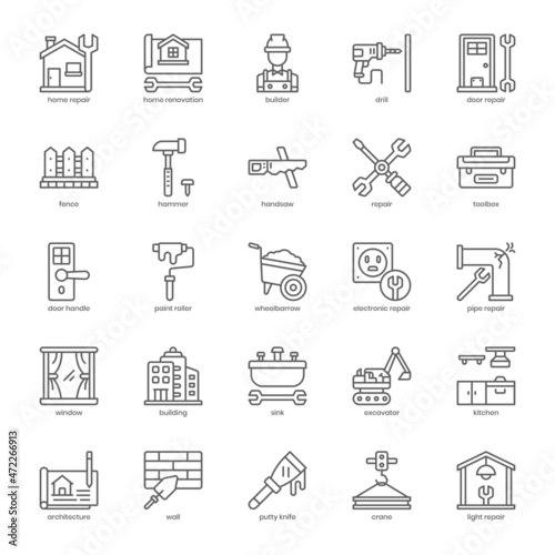 Renovation icon pack for your website design, logo, app, UI. Renovation icon outline design. Vector graphics illustration and editable stroke.