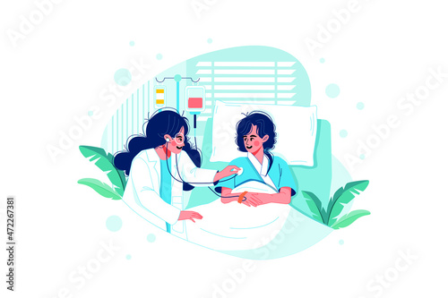 Doctor checking patient in the private ward Illustration concept. Flat illustration isolated on white background.