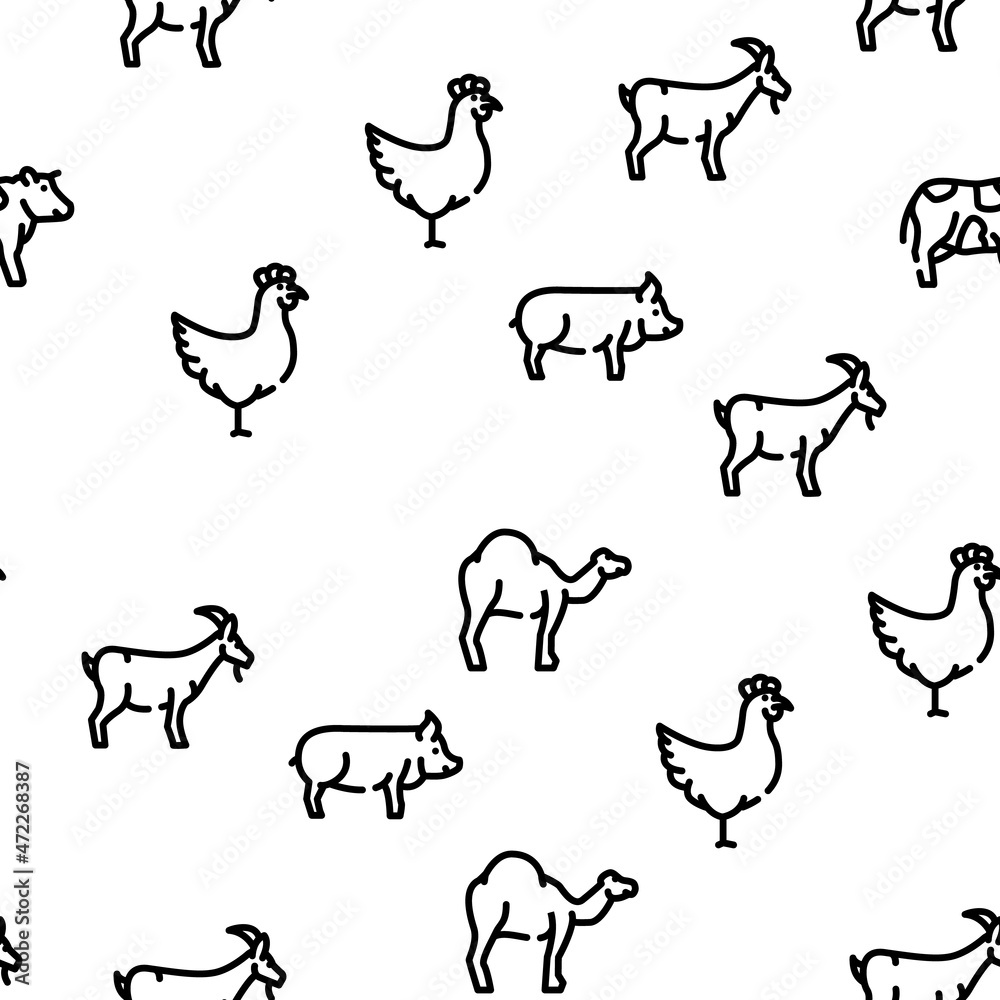 Pet Domestic, Farm And Sea Aqua Vector Seamless Pattern Thin Line Illustration