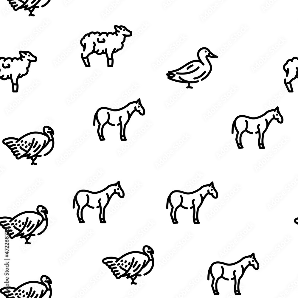 Pet Domestic, Farm And Sea Aqua Vector Seamless Pattern Thin Line Illustration