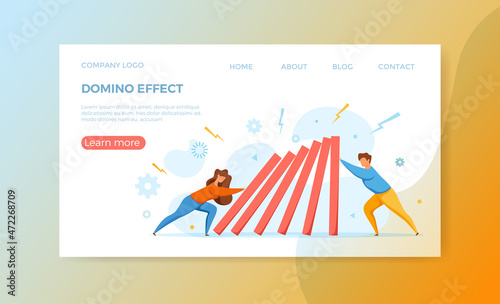 Domino effect of businessman pushing hard against falling domino