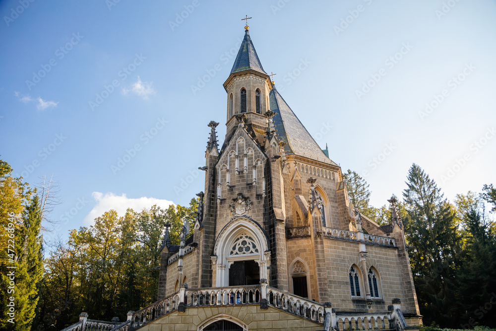 Trebon, South Bohemia, Czech Republic, 9 October 2021: Schwarzenberg family tomb at gothic style in Domanin at castle park near Renaissance chateau at sunny day, Historical landmark tourist attraction