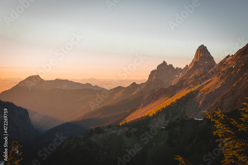 A beautiful sunset over mountains in North Cascades