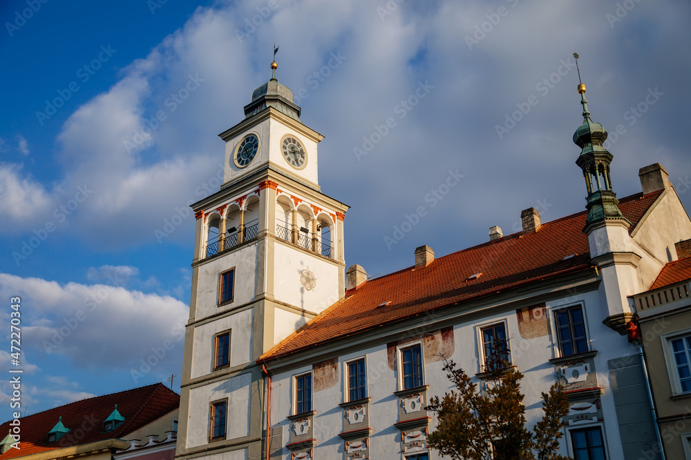 Trebon, South Bohemia, Czech Republic, 9 October 2021: observation tower of old town hall at main Masarykovo square, picturesque street with colorful renaissance, baroque and gothic buildings