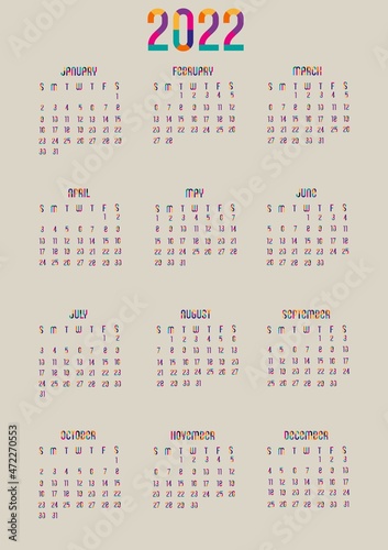 Calendar for 2022  bright text  suitable for your design