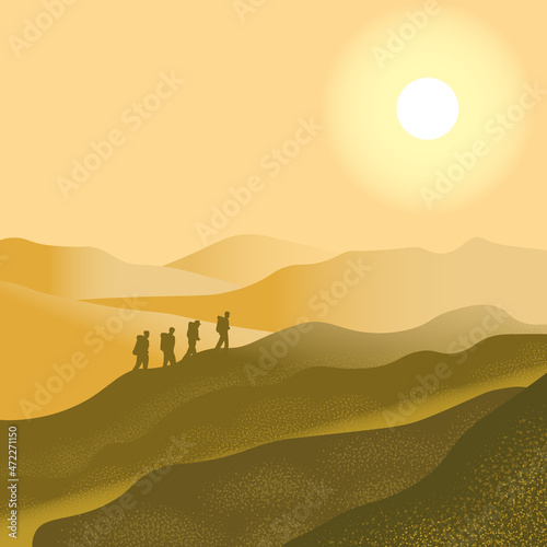 Travelers in the mountains  climbing a group of climbers. Vector illustration of adventure tourism and travel  discoveries  research  hiking.