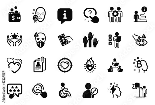 Vector Set of People icons related to Employees teamwork, Ranking and Pay money icons. Disability, Face verified and Ranking star signs. Heart target, Brainstorming and Heart. Dont touch. Vector