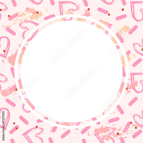 Abstract vector template with memphis shapes in scribble style and white circle in pastel trendy colors as a background for your social media content and banners or flyers. Seamless texture
