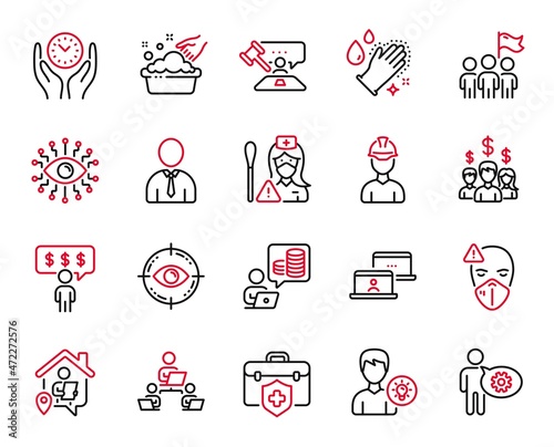 Vector Set of People icons related to Medical insurance, Artificial intelligence and Employee benefits icons. Nurse, Hand washing and Washing hands signs. Teamwork, Work home and Eye target. Vector