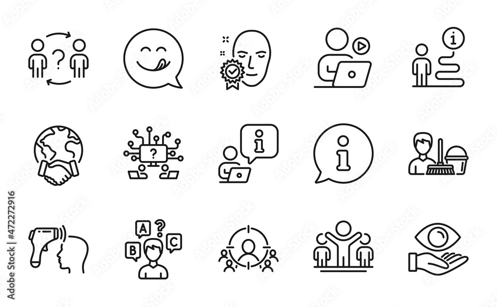 People icons set. Included icon as Teamwork question, Cleaning service, Face verified signs. Global business, Winner, Yummy smile symbols. Quiz test, Health eye, Delegate question. Vector