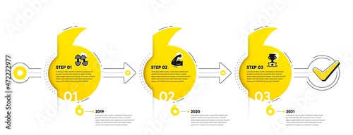 Gym Infographic timeline with 3 steps. Sport process diagram with Dumbbells, Strong muscle arm and Winner cup icons. Timeline infograph diagram. Quotes journey path infographics. Vector