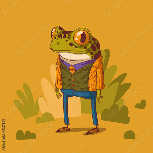 Cartoon vector illustration of humanized frog. Anthropomorphic frog. Trendy animal character with human body. A frog wearing an elegant costume and retro shoes standing still among the bushes