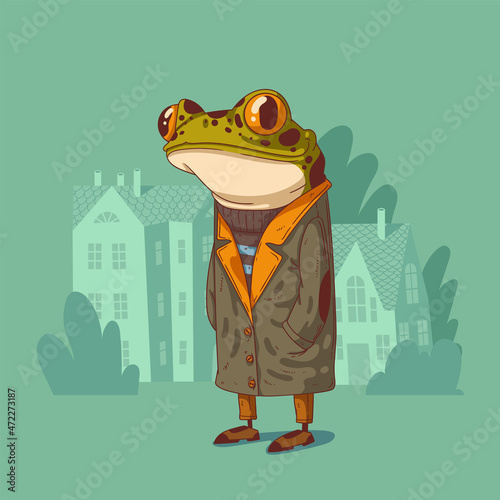 Vector illustration of kind humanized frog. Anthropomorphic frog. Animal character with human body. Calm smiling frog wearing a sweater, jeans and a cloak standing still against buildings' silhouettes