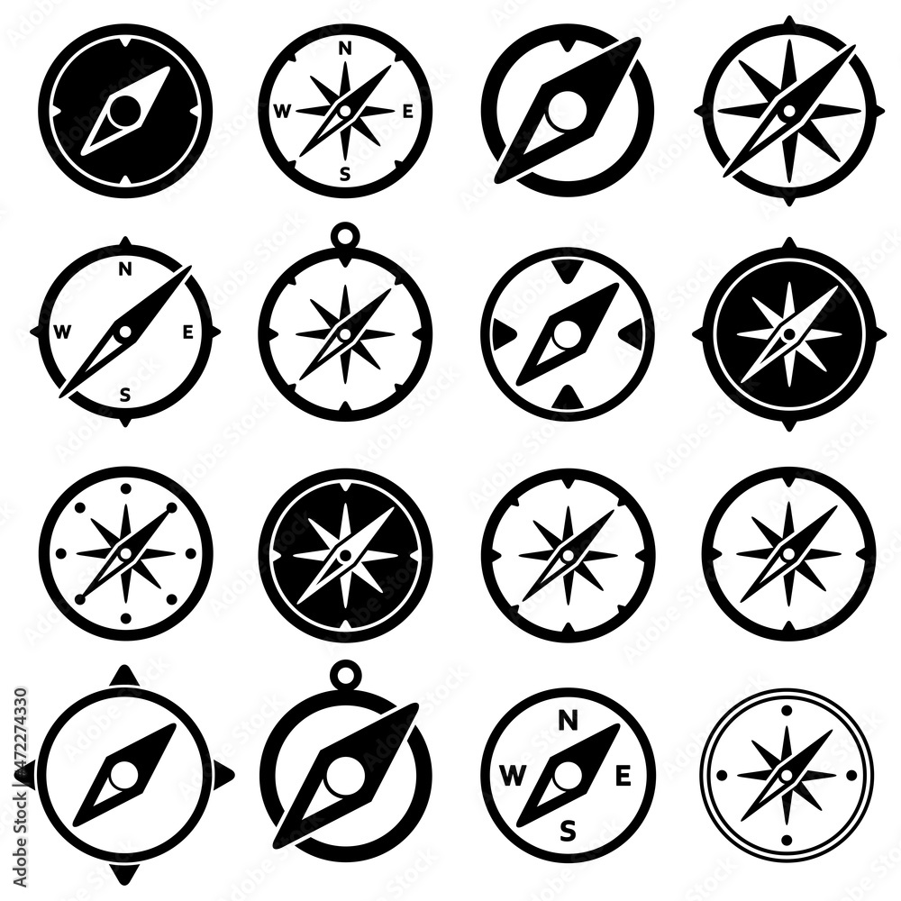 vector collection of black and white compass icons