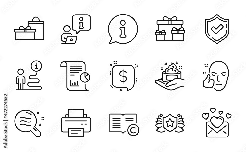 Line icons set. Included icon as Skin condition, Payment message, Report signs. Surprise boxes, Copyright, Love mail symbols. Gifts, Confirmed, Laureate. Healthy face, Skin care, Printer. Vector