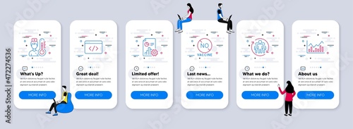 Science icons set. UI phone app screens with teamwork. Included icon as Thermometer, Teamwork, Report signs. Seo script, No vaccine, Infochart line icons. Vector