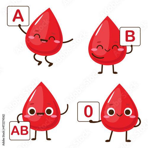 Cartoon red drops with blood type sign in hands