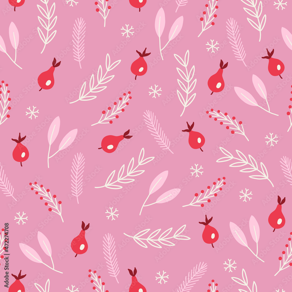Christmas seamless pattern with briar, berries, snowflakes, fir branches