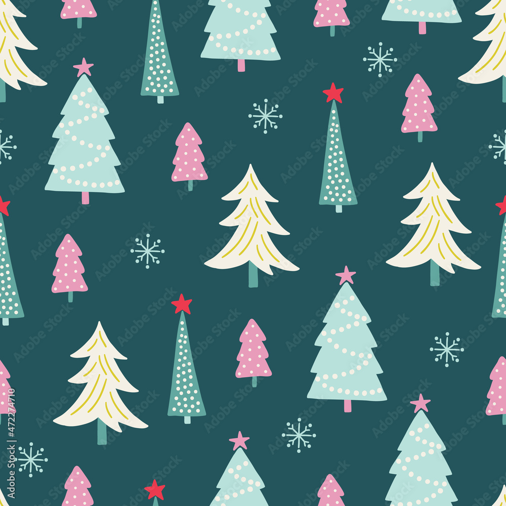 Christmas seamless pattern with fir trees, snowflakes, stars