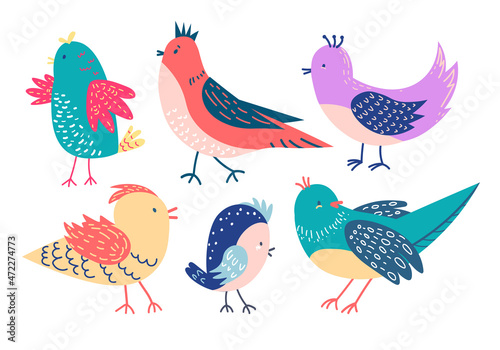 Vector set of adorable colorful birds. Set of different cartoon birds