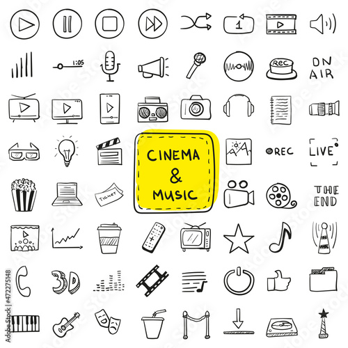 Hand drawn icon set cinema and music in doodle style isolated