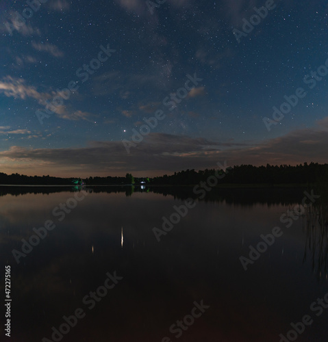 Obraz na płótnie Lake by the forest under the starry summer sky in the moonlight w salonie