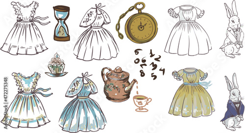 alice fairy tale dresses rabbit clock graphics vector hand drawn print isolated elements on white background

