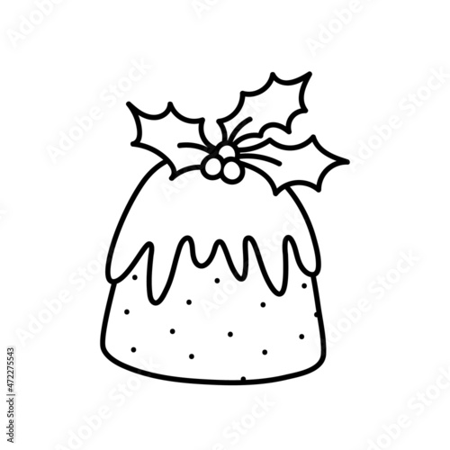 Traditional Christmas pudding with holly berry isolated on white background.Vector hand-drawn illustration in doodle style. Perfect for holiday designs, cards, decorations, logo, menu.