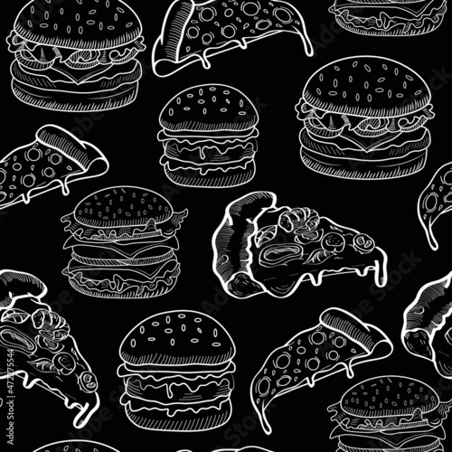 pizza, burgers, fast food vector seamless chalk pattern isolated on dark background. Concept for menu, cards, print, cafe