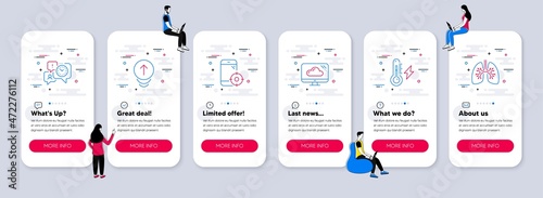 Vector Set of Science icons related to Seo phone, Time management and Swipe up icons. UI phone app screens with teamwork. Cloud storage, Electricity power and Lungs line symbols. Vector